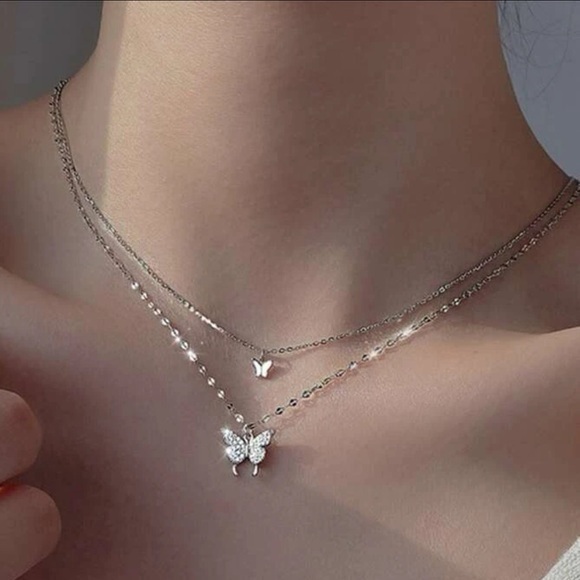Butterfly Charm Layered Necklace Silver Plated Chain Rhinestone Pendant - Picture 1 of 7